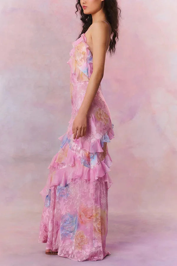 Xuewuba Dress Multicolor Tie-dye Sexy Backless Wave-hem Spaghetti Straps Floor Length Prom Dress