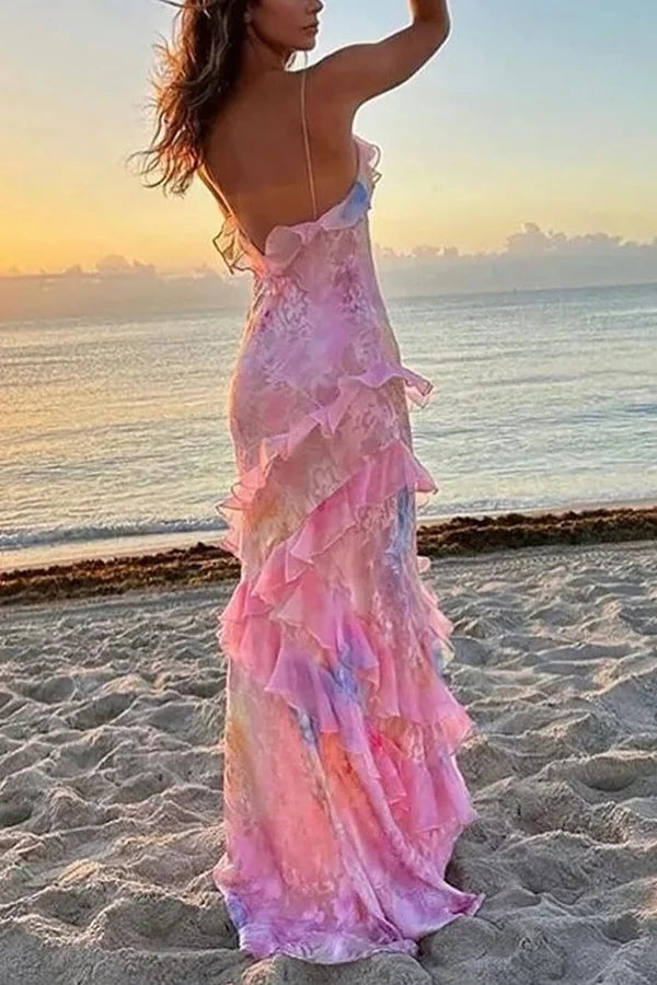 Xuewuba Dress Multicolor Tie-dye Sexy Backless Wave-hem Spaghetti Straps Floor Length Prom Dress
