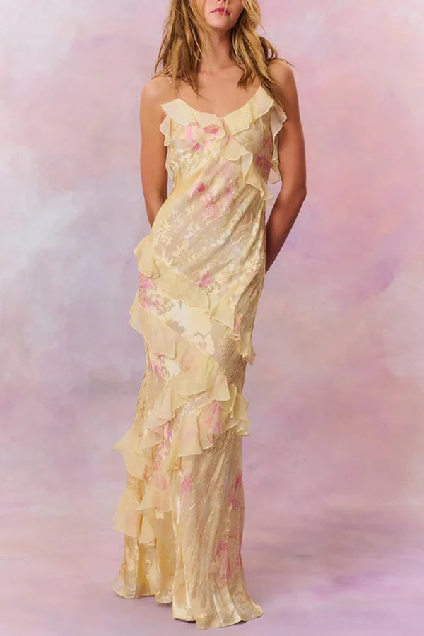 Xuewuba Dress Multicolor Tie-dye Sexy Backless Wave-hem Spaghetti Straps Floor Length Prom Dress