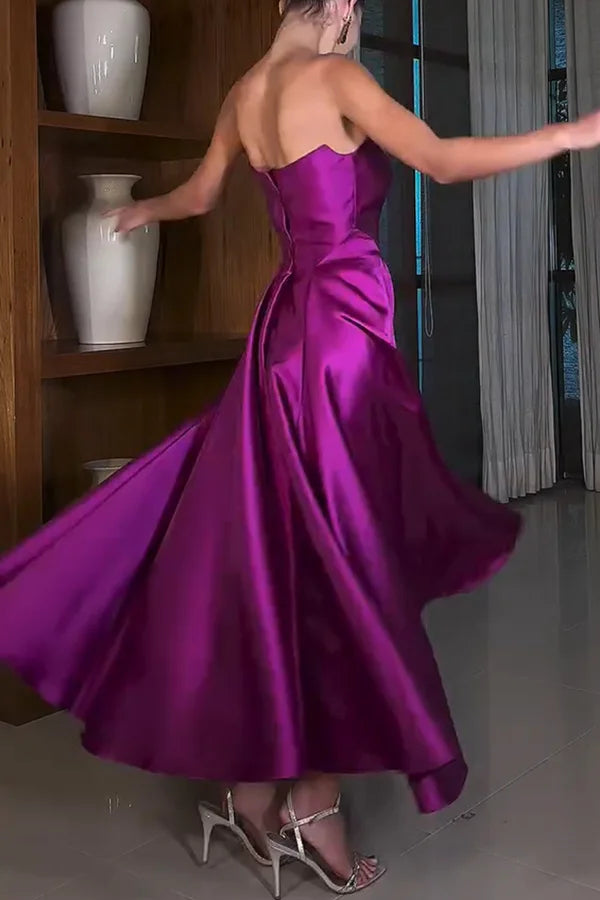 Xuewuba Dress Romantic Strapless Vintage Cinderella's Dream Satin Square Off Shoulder Floor Length Prom Dress