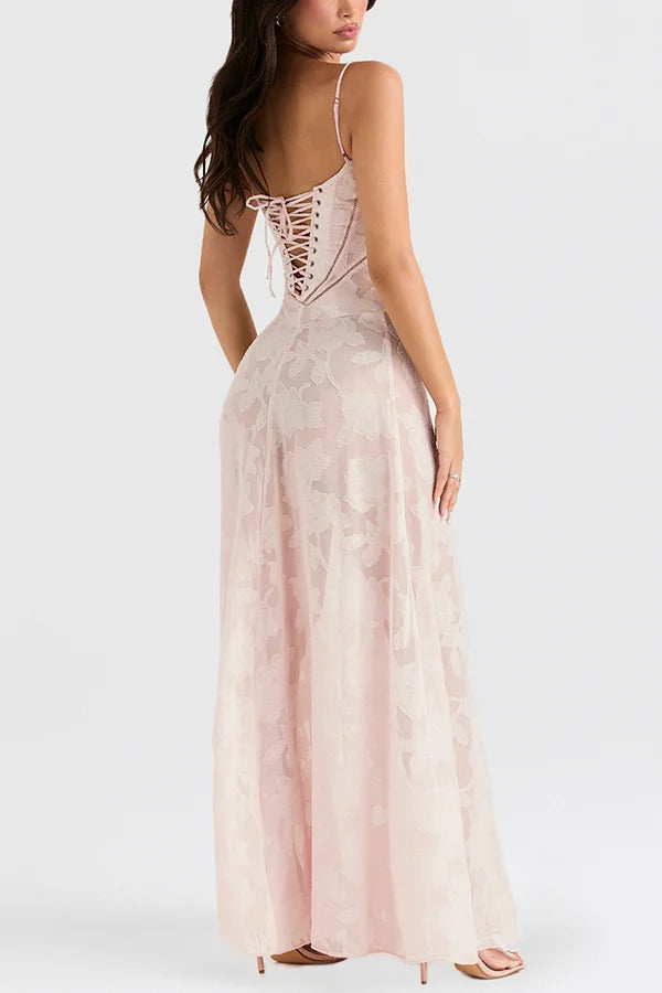 Xuewuba Dress Romantic Vintage Feel Back Lace-up Spaghetti Straps Floaty Floor Length Prom Dress