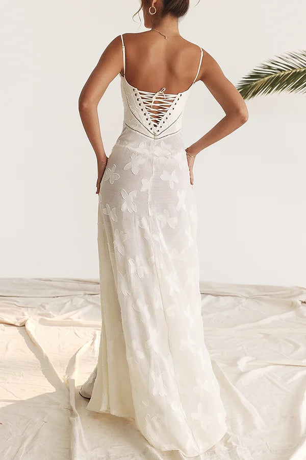 Xuewuba Dress Romantic Vintage Feel Back Lace-up Spaghetti Straps Floaty Floor Length Prom Dress
