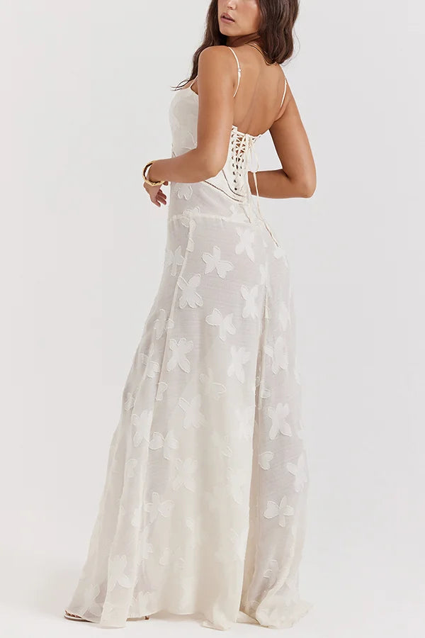 Xuewuba Dress Romantic Vintage Feel Back Lace-up Spaghetti Straps Floaty Floor Length Prom Dress