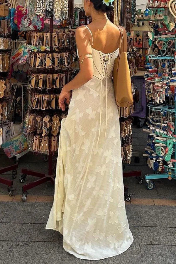 Xuewuba Dress Romantic Vintage Feel Back Lace-up Spaghetti Straps Floaty Floor Length Prom Dress