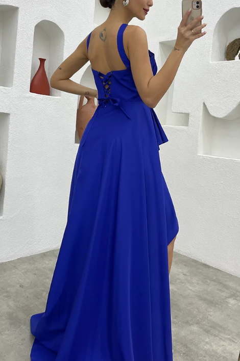 Xuewuba Dress Royal Blue Perfect Soiree Crossover Neck Back Tie-up Ruffles Slit Maxi Dress Sleeveless Prom Dress
