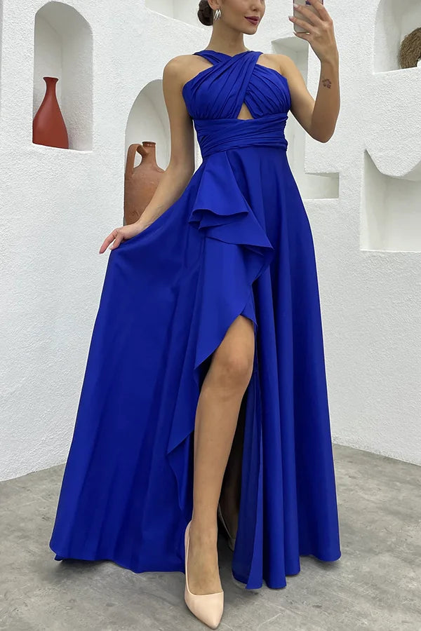 Xuewuba Dress Royal Blue Perfect Soiree Crossover Neck Back Tie-up Ruffles Slit Maxi Dress Sleeveless Prom Dress