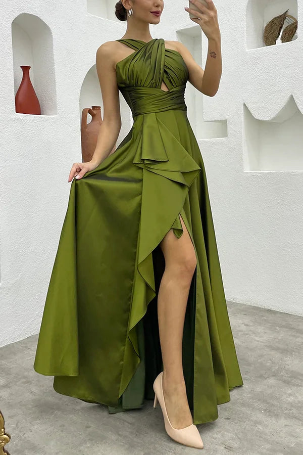 Xuewuba Dress Royal Blue Perfect Soiree Crossover Neck Back Tie-up Ruffles Slit Maxi Dress Sleeveless Prom Dress