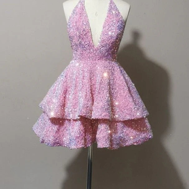 Xuewuba Dress Sexy Short Pink V-neck Sleeveless Sequined Homecoming Dress