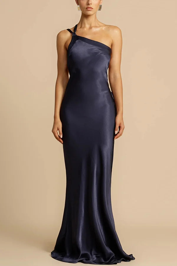 Xuewuba Dress Simple Satin Asymmetrical One Shoulder Backless Strap Floor Length Sleeveless Prom Dress