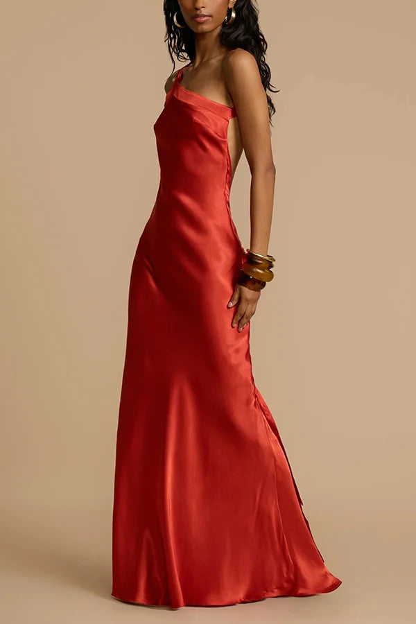 Xuewuba Dress Simple Satin Asymmetrical One Shoulder Backless Strap Floor Length Sleeveless Prom Dress