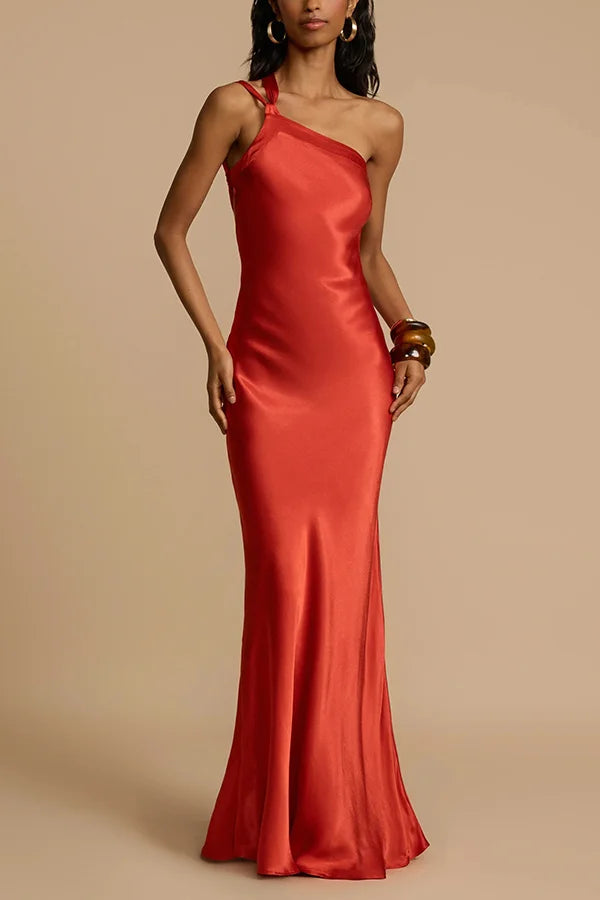 Xuewuba Dress Simple Satin Asymmetrical One Shoulder Backless Strap Floor Length Sleeveless Prom Dress