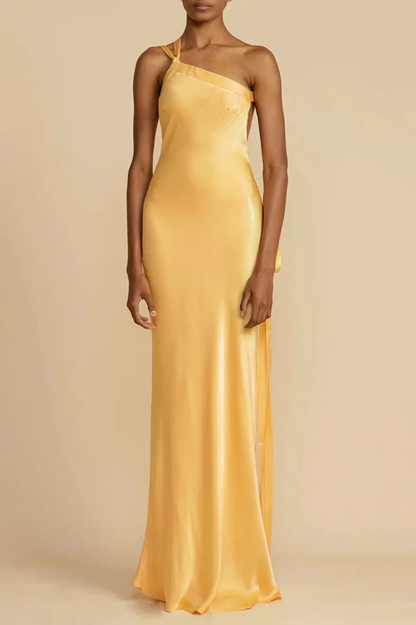 Xuewuba Dress Simple Satin Asymmetrical One Shoulder Backless Strap Floor Length Sleeveless Prom Dress