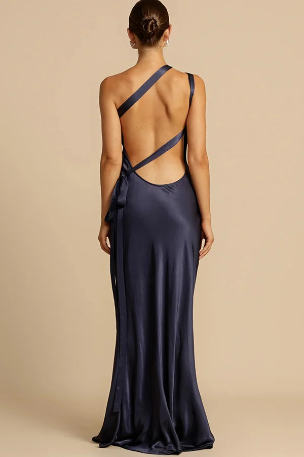 Xuewuba Dress Simple Satin Asymmetrical One Shoulder Backless Strap Floor Length Sleeveless Prom Dress