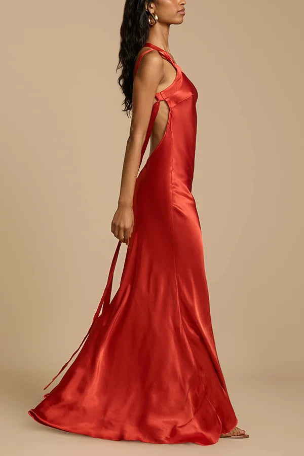 Xuewuba Dress Simple Satin Asymmetrical One Shoulder Backless Strap Floor Length Sleeveless Prom Dress