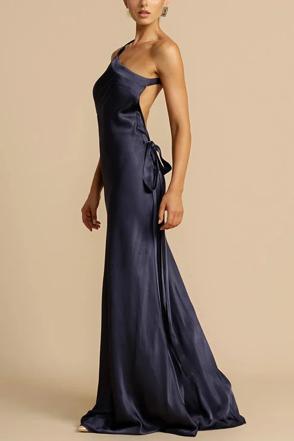 Xuewuba Dress Simple Satin Asymmetrical One Shoulder Backless Strap Floor Length Sleeveless Prom Dress