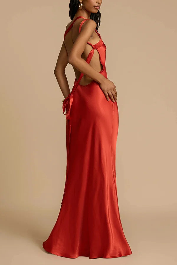 Xuewuba Dress Simple Satin Asymmetrical One Shoulder Backless Strap Floor Length Sleeveless Prom Dress