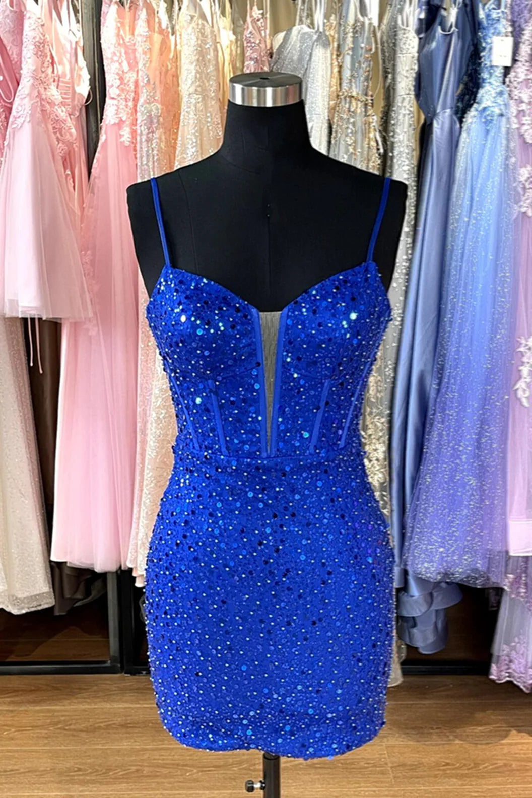 Xuewuba Dress Spaghetti Straps Royal Blue Sequin Tight Short Dress Homecoming Dress