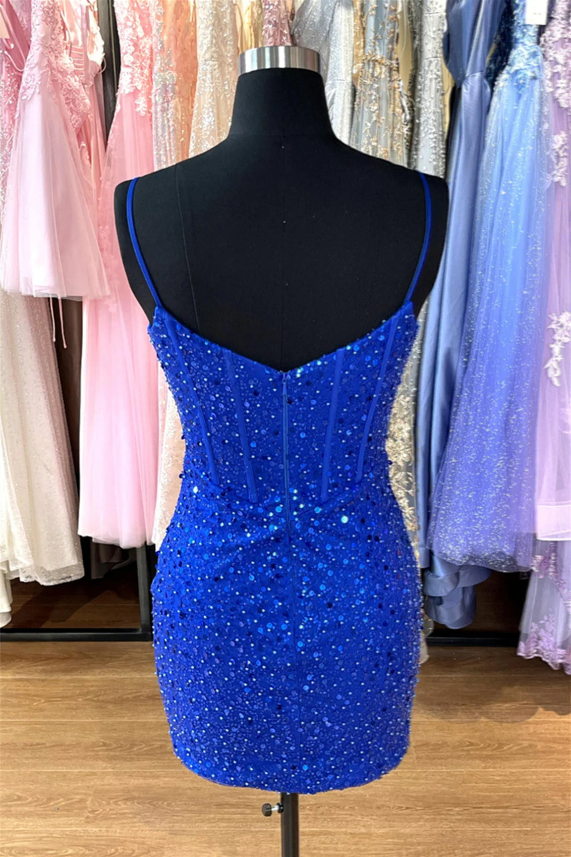 Xuewuba Dress Spaghetti Straps Royal Blue Sequin Tight Short Dress Homecoming Dress