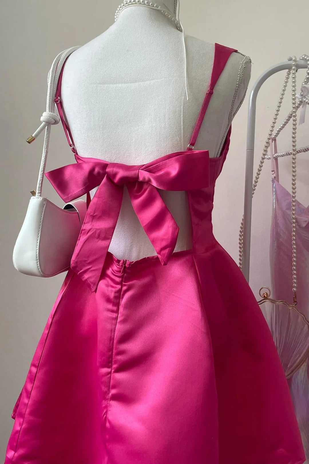 Xuewuba Dress Square Collar Fuchsia Back Bow A-line Short Dress Homecoming Dress