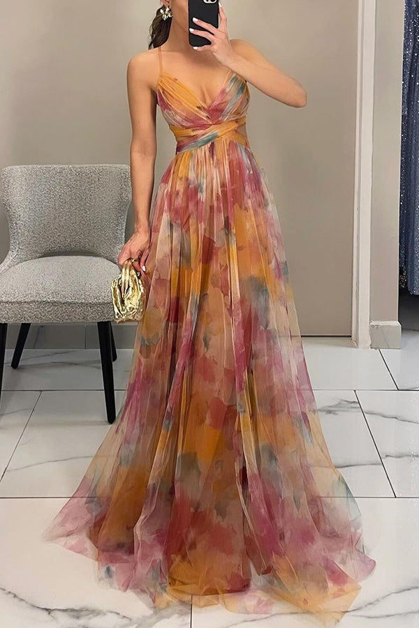 Xuewuba Dress Tulle Render Floral Print Cutout Waist Back Lace-up Floor Length Prom Dress