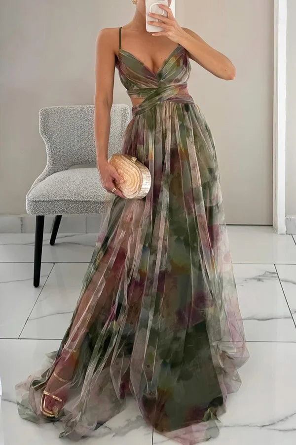 Xuewuba Dress Tulle Render Floral Print Cutout Waist Back Lace-up Floor Length Prom Dress