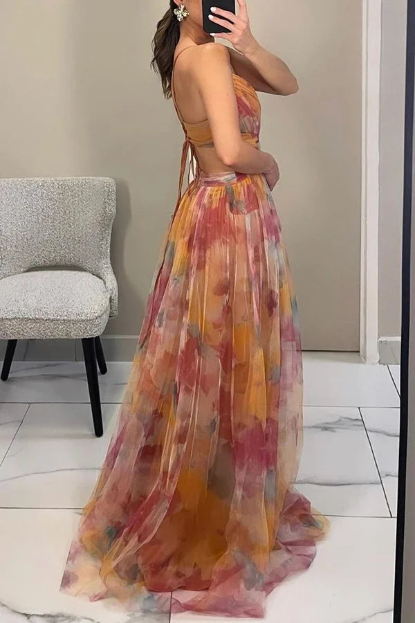 Xuewuba Dress Tulle Render Floral Print Cutout Waist Back Lace-up Floor Length Prom Dress