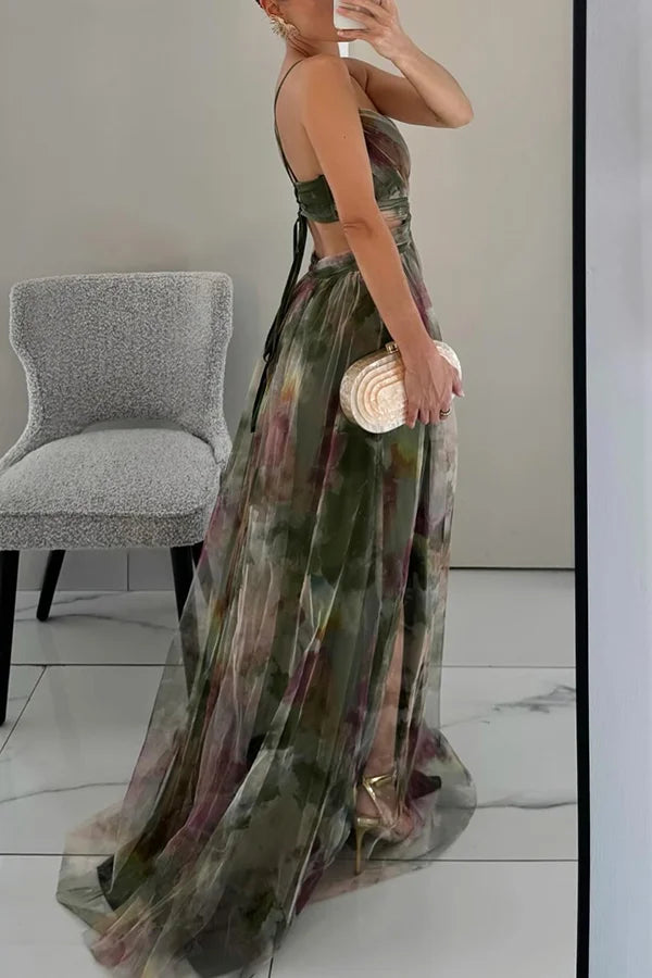 Xuewuba Dress Tulle Render Floral Print Cutout Waist Back Lace-up Floor Length Prom Dress