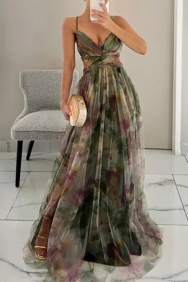 Xuewuba Dress Tulle Render Floral Print Cutout Waist Back Lace-up Floor Length Prom Dress