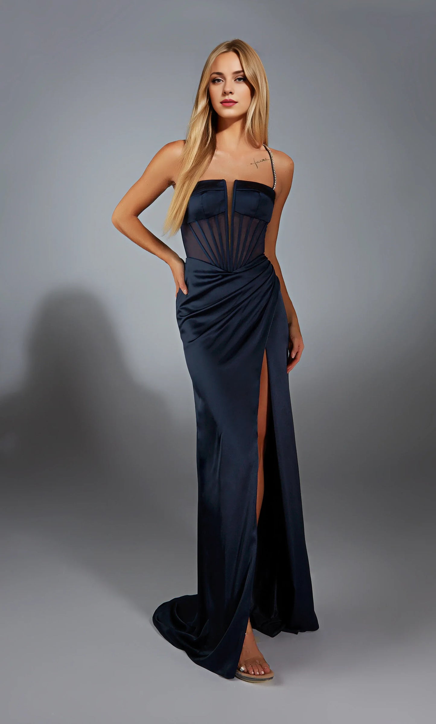 Xuewuba Dress Long Plunging Neckline High Slit Straigh Lace-up Back Prom Dress Formal Wear Dresses