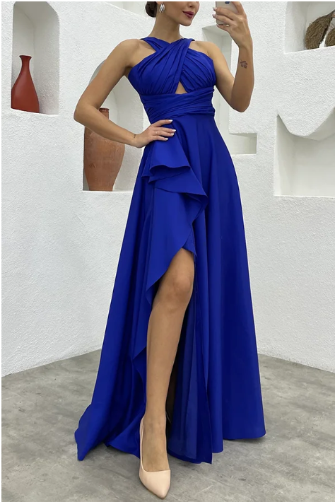 Xuewuba Dress Royal Blue Perfect Soiree Crossover Neck Back Tie-up Ruffles Slit Maxi Dress Sleeveless Prom Dress