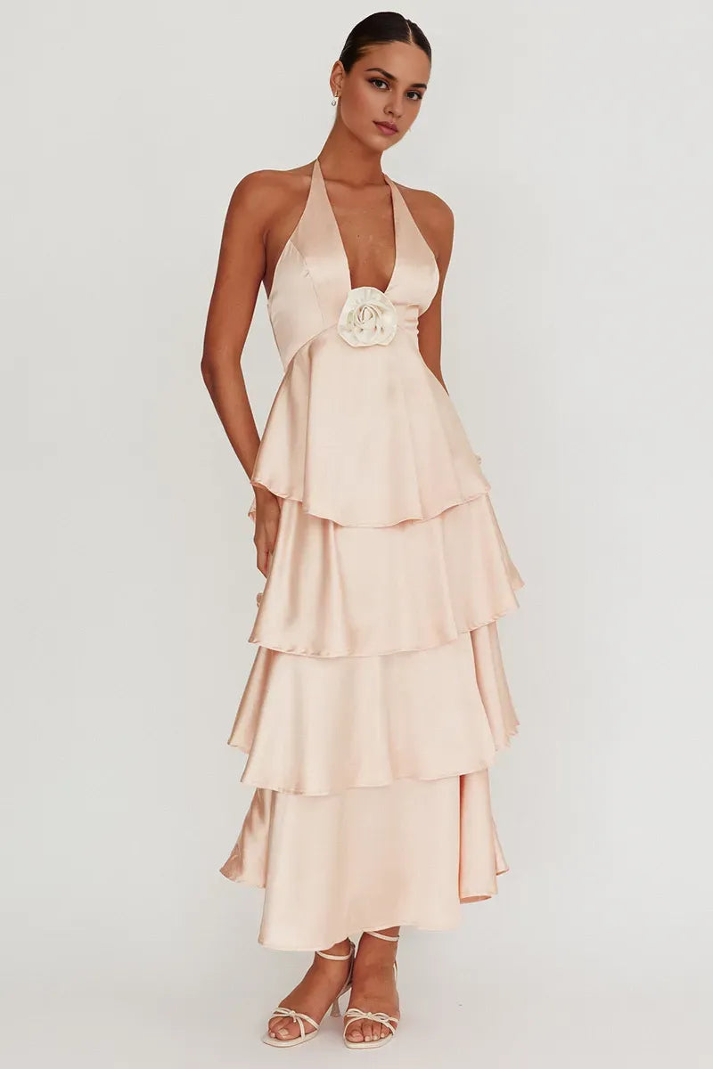 Xuewuba Dress Tiered Ruffled Hem 3D Flower Halter Midi Dresses Champagne Prom Dress