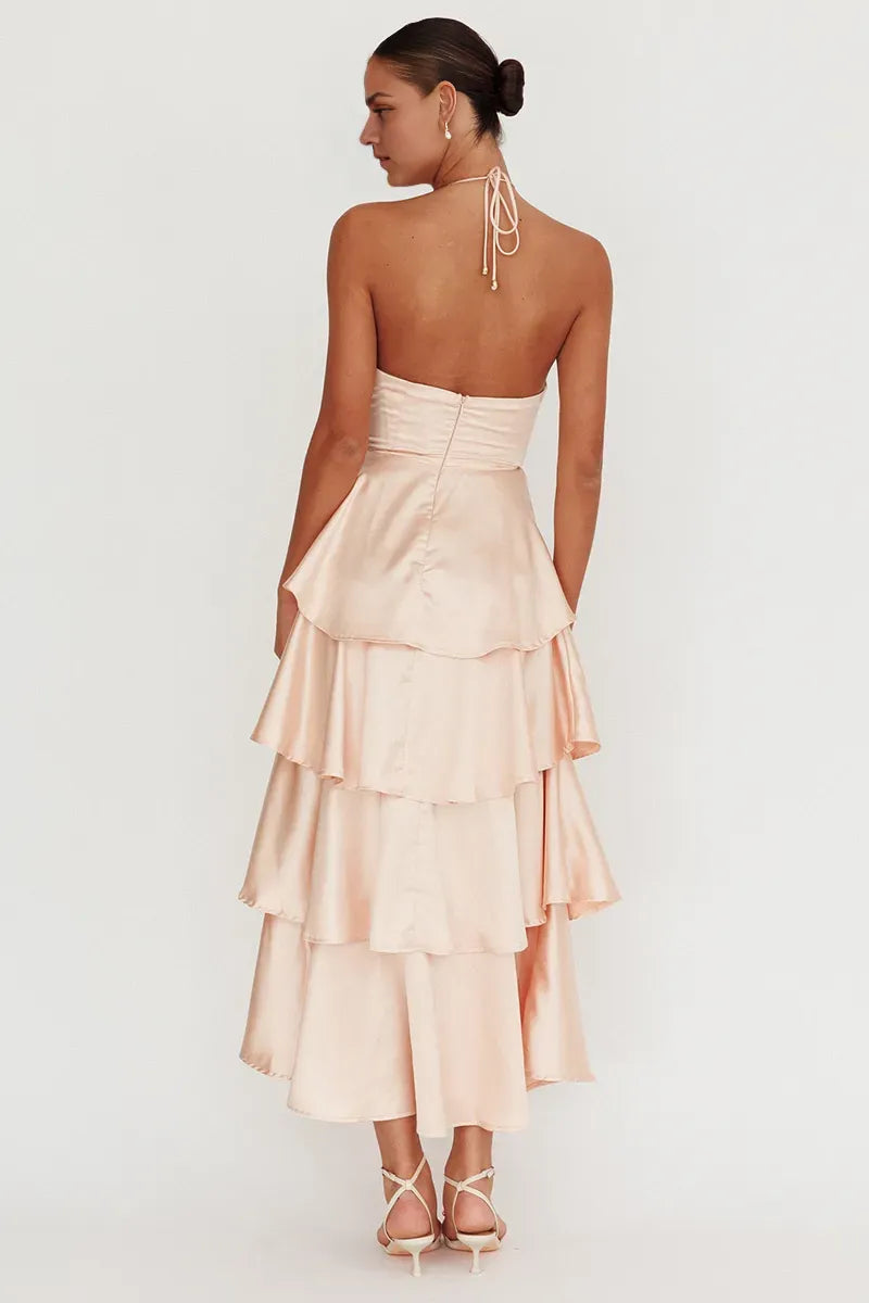 Xuewuba Dress Tiered Ruffled Hem 3D Flower Halter Midi Dresses Champagne Prom Dress
