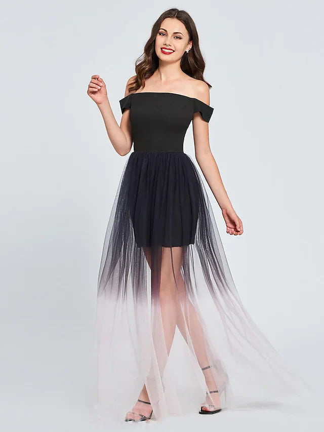Minimalist Sexy Engagement Cocktail Party Dress Off Shoulder Sleeveless Short Mini Tulle