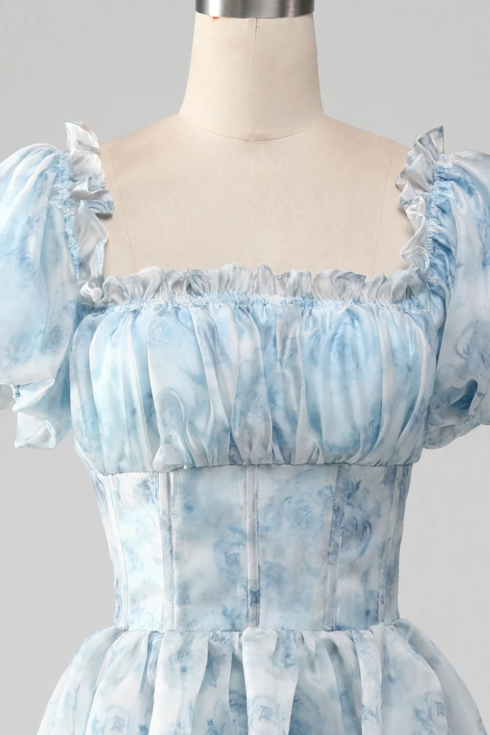 A-Line Tiered Corset Light Blue Prom Dress With Puff Sleeves