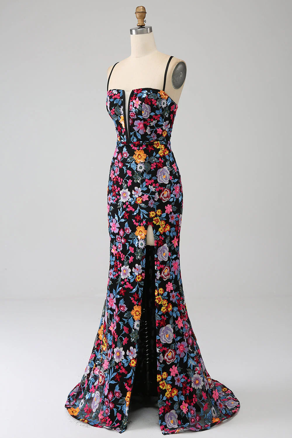 Black Flower Mermaid Spaghetti Straps Embroidered Prom Dress With Side Slit