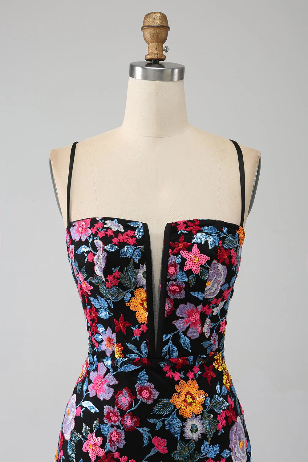 Black Flower Mermaid Spaghetti Straps Embroidered Prom Dress With Side Slit