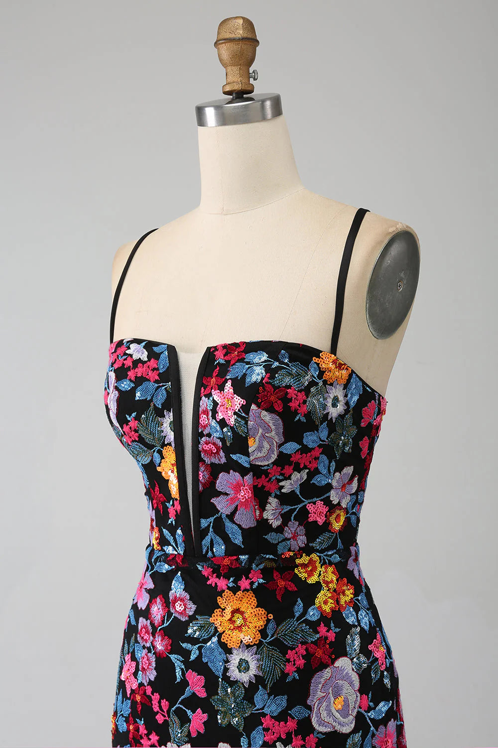 Black Flower Mermaid Spaghetti Straps Embroidered Prom Dress With Side Slit