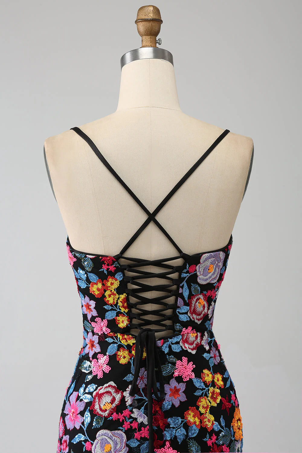 Black Flower Mermaid Spaghetti Straps Embroidered Prom Dress With Side Slit