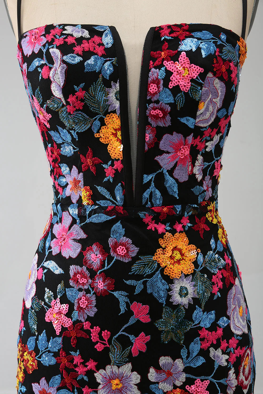 Black Flower Mermaid Spaghetti Straps Embroidered Prom Dress With Side Slit