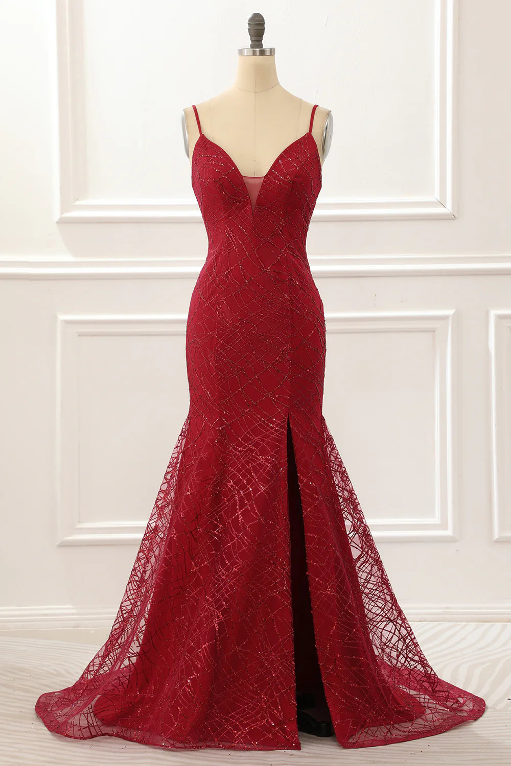 Saprkly Mermaid Dark Red Prom Dress With Slit