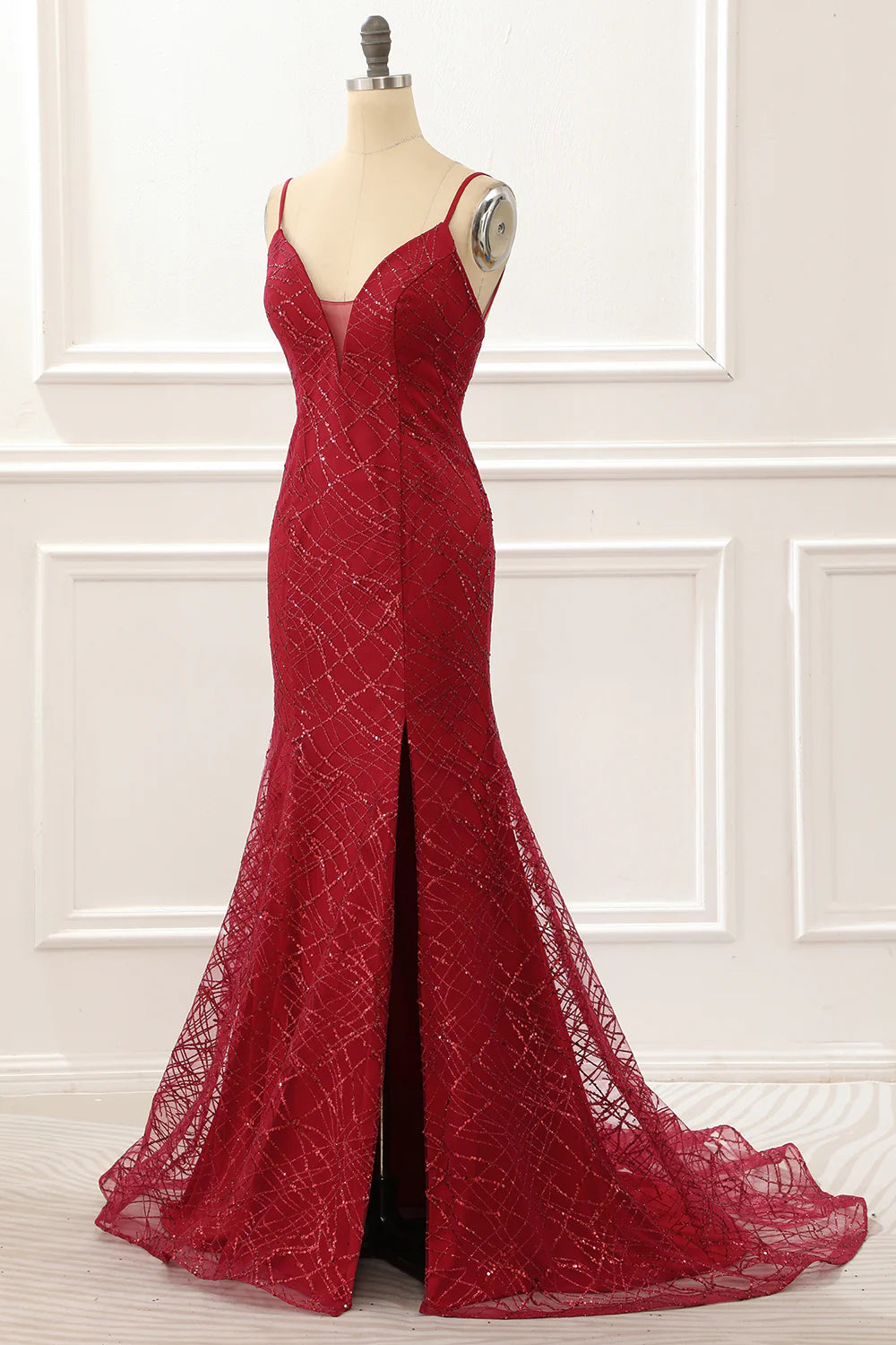 Saprkly Mermaid Dark Red Prom Dress With Slit