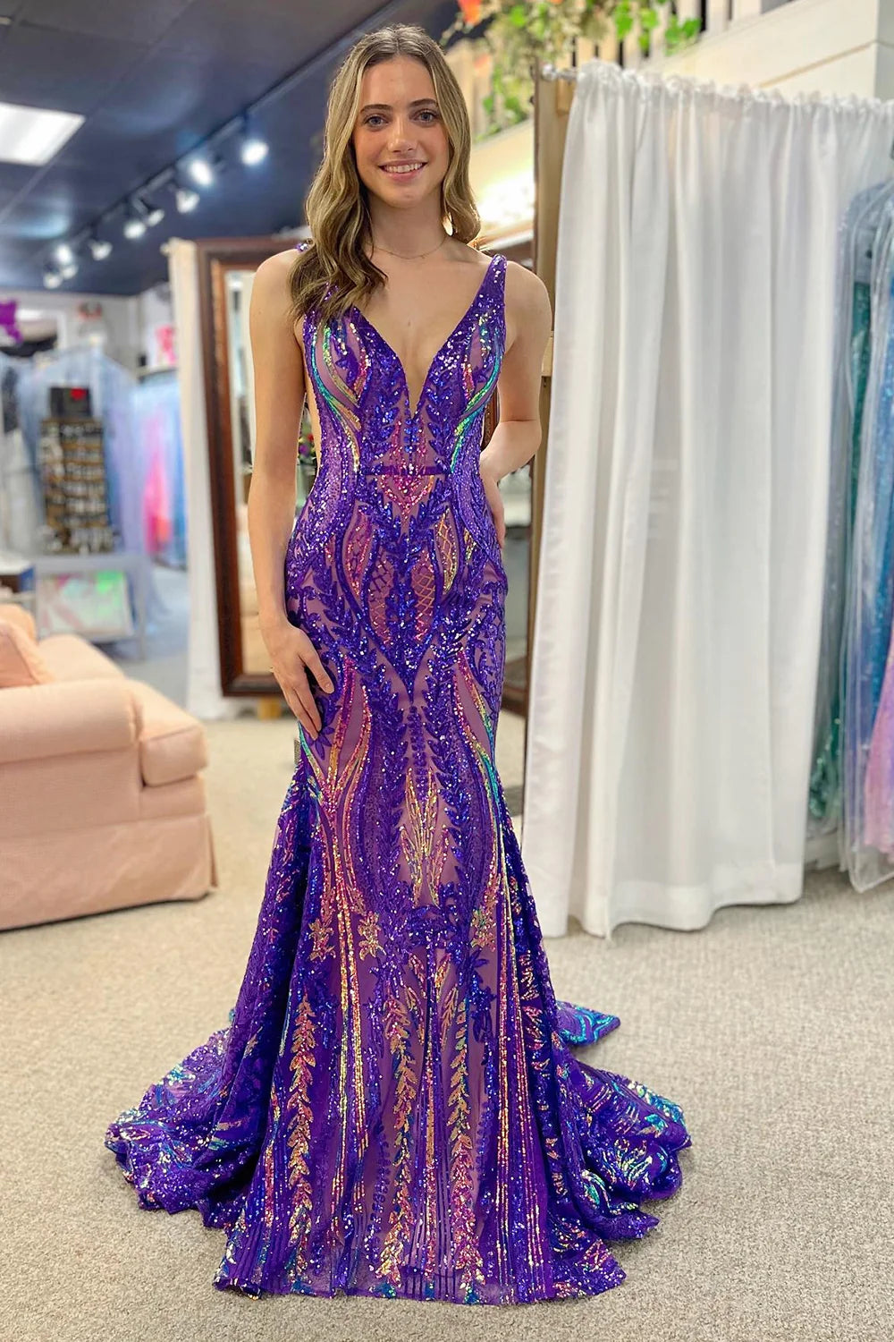 Mermaid V Neck Sequins Long Prom Dress