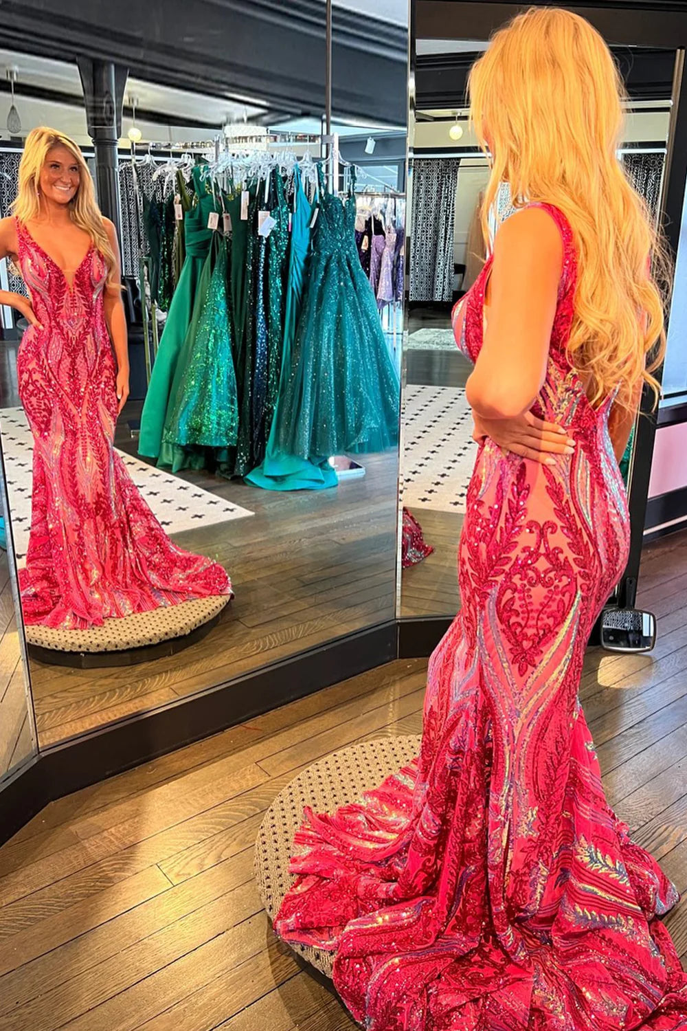 Mermaid V Neck Sequins Long Prom Dress