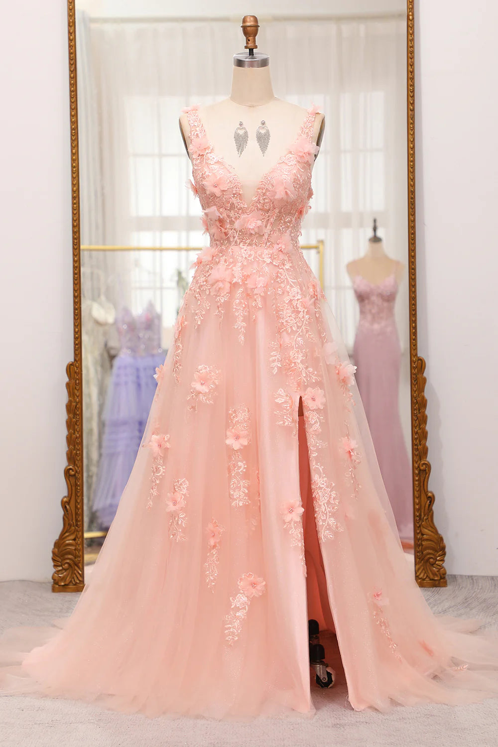 A-Line Spaghetti Straps Long Blush Prom Dress With Appliques