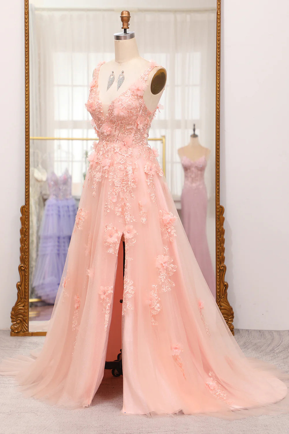 A-Line Spaghetti Straps Long Blush Prom Dress With Appliques