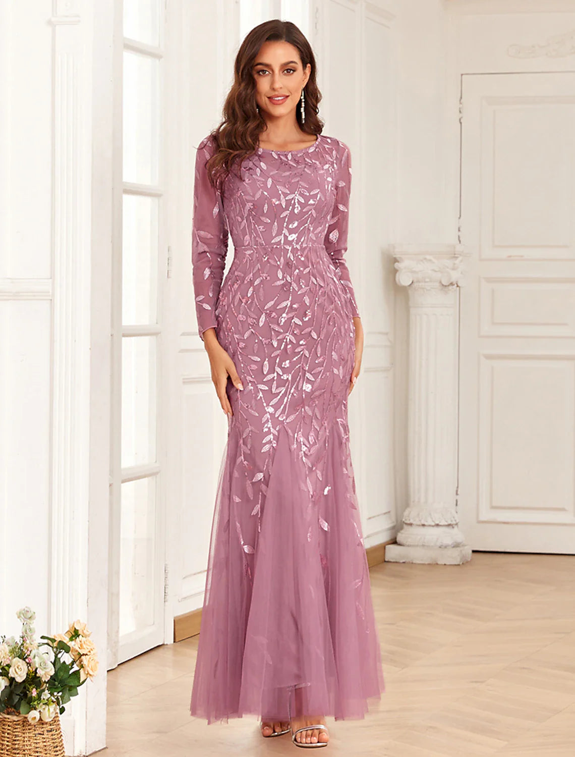 Evening Gown Elegant Dress Prom Floor Length Long Sleeve Jewel Neck Tulle with Embroidery