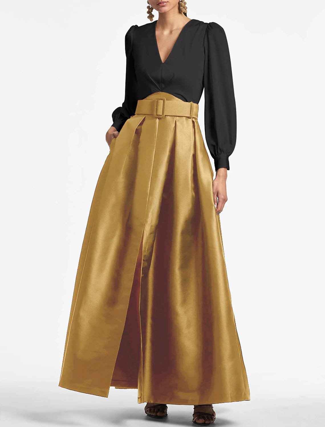 A-Line Evening Gown Party Dress Elegant Dress Formal Wedding Guest Floor Length Short Sleeve V Neck Belt / Sash Satin