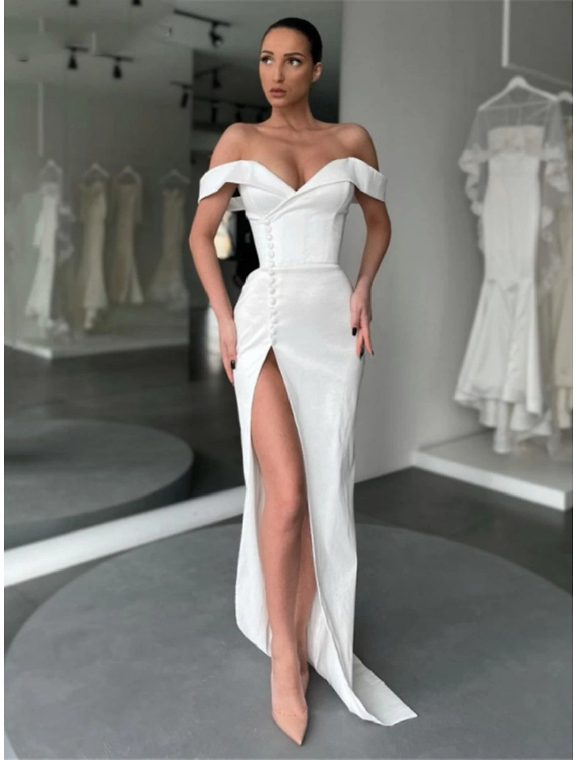 A-Line Evening Gown Elegant Dress Formal Court Train Long Sleeve Off Shoulder Satin