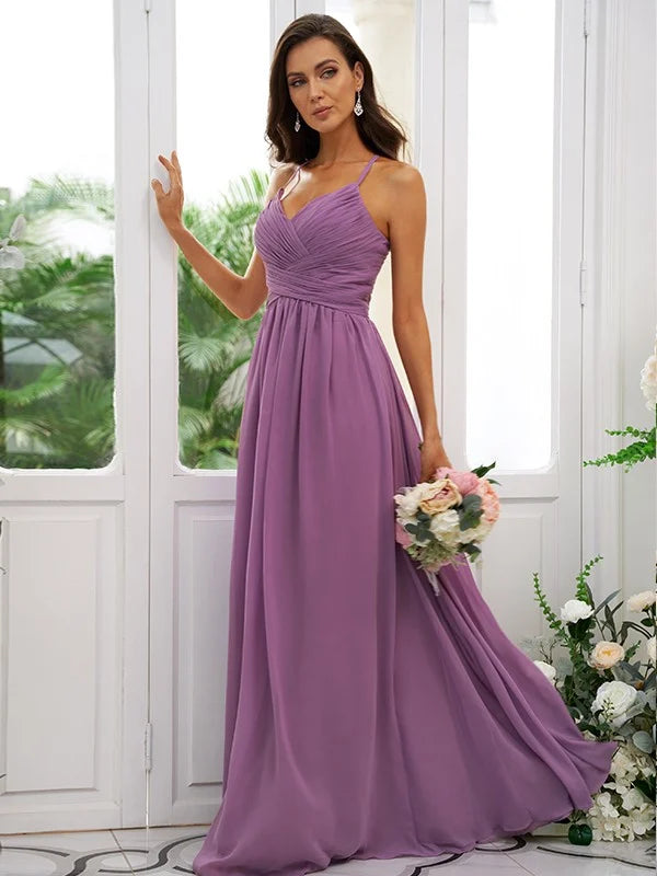 A-Line Princess Chiffon Ruched V-neck Sleeveless Floor-Length Bridesmaid Dresses