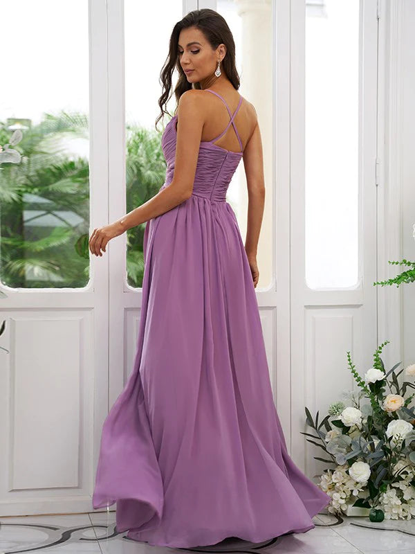 A-Line Princess Chiffon Ruched V-neck Sleeveless Floor-Length Bridesmaid Dresses
